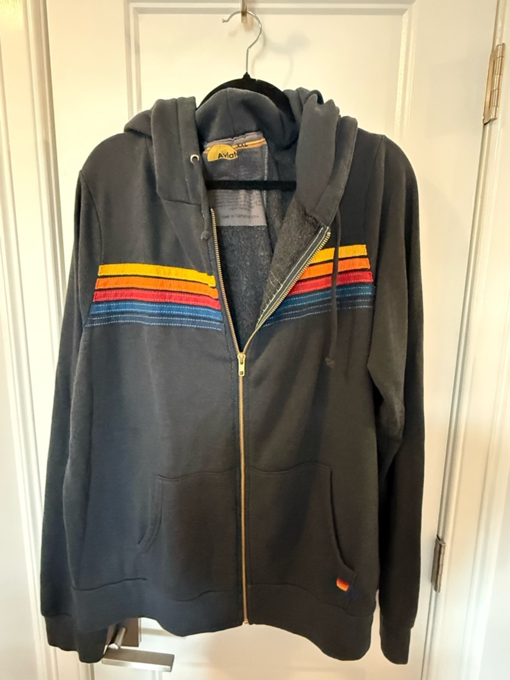 Aviator Nation Dark Navy Zip Hoodie with Retro Yellow-Red-Blue Stripes